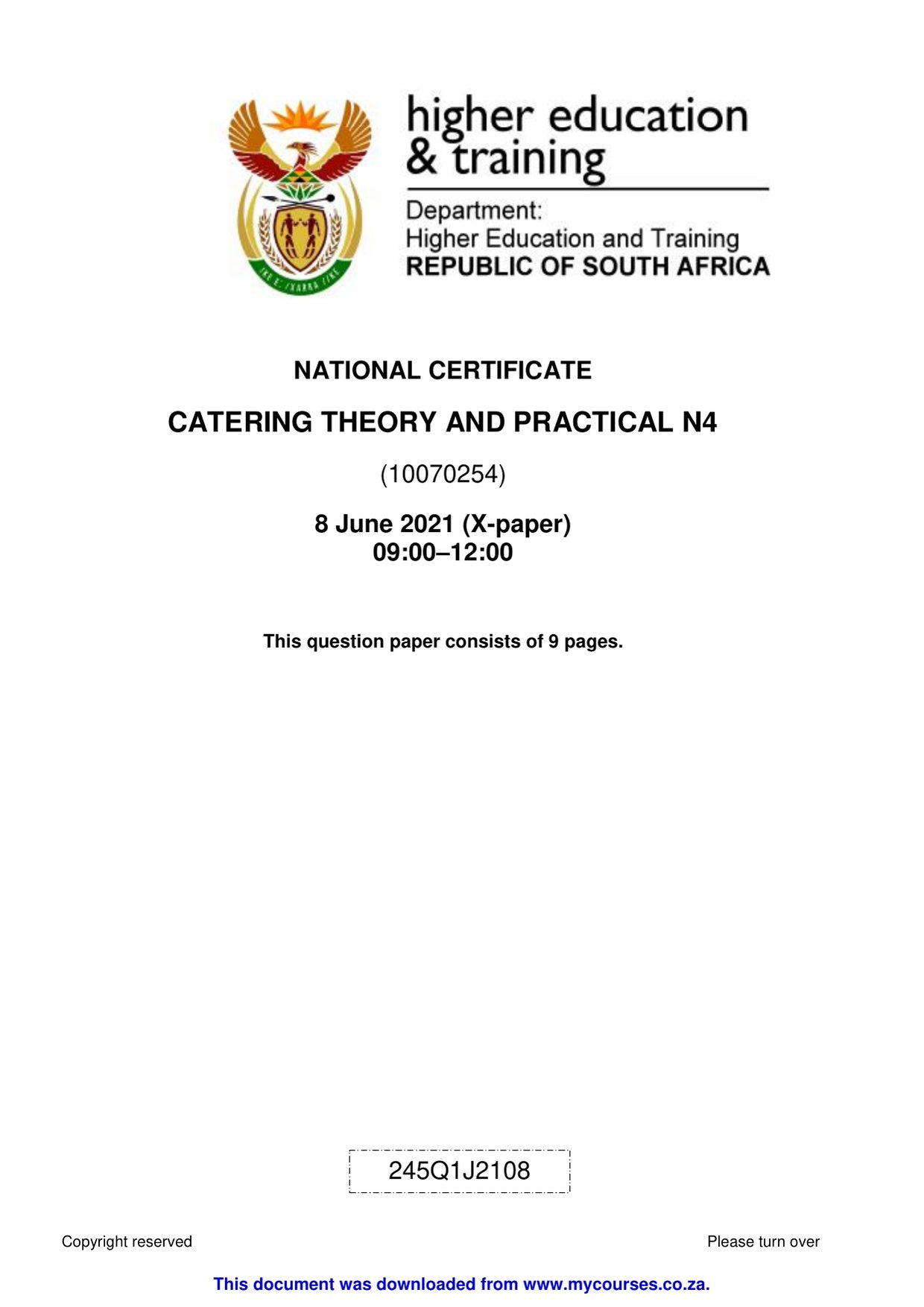 Catering Theory and Practical N4 Past Papers and Memos for 2026 Students - front page of the free PDF, mycourses.co.za
