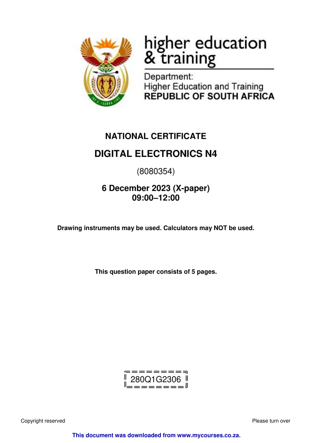 Digital Electronics N4 Past Papers and Memos for 2026 Students - front page of the free PDF, mycourses.co.za
