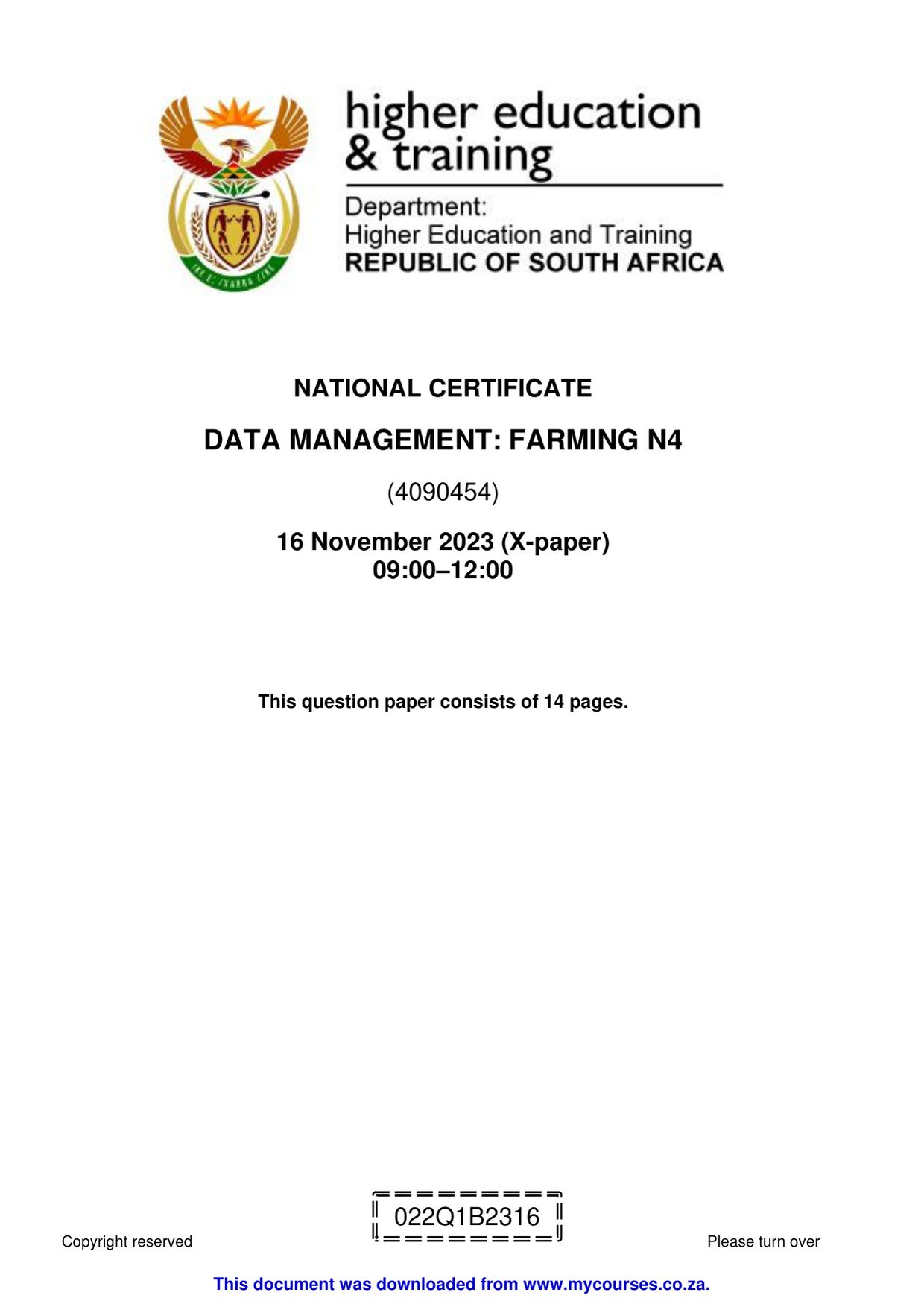 Data Management: Farming N4 Past Papers and Memos for 2026 Students - front page of the free PDF, mycourses.co.za