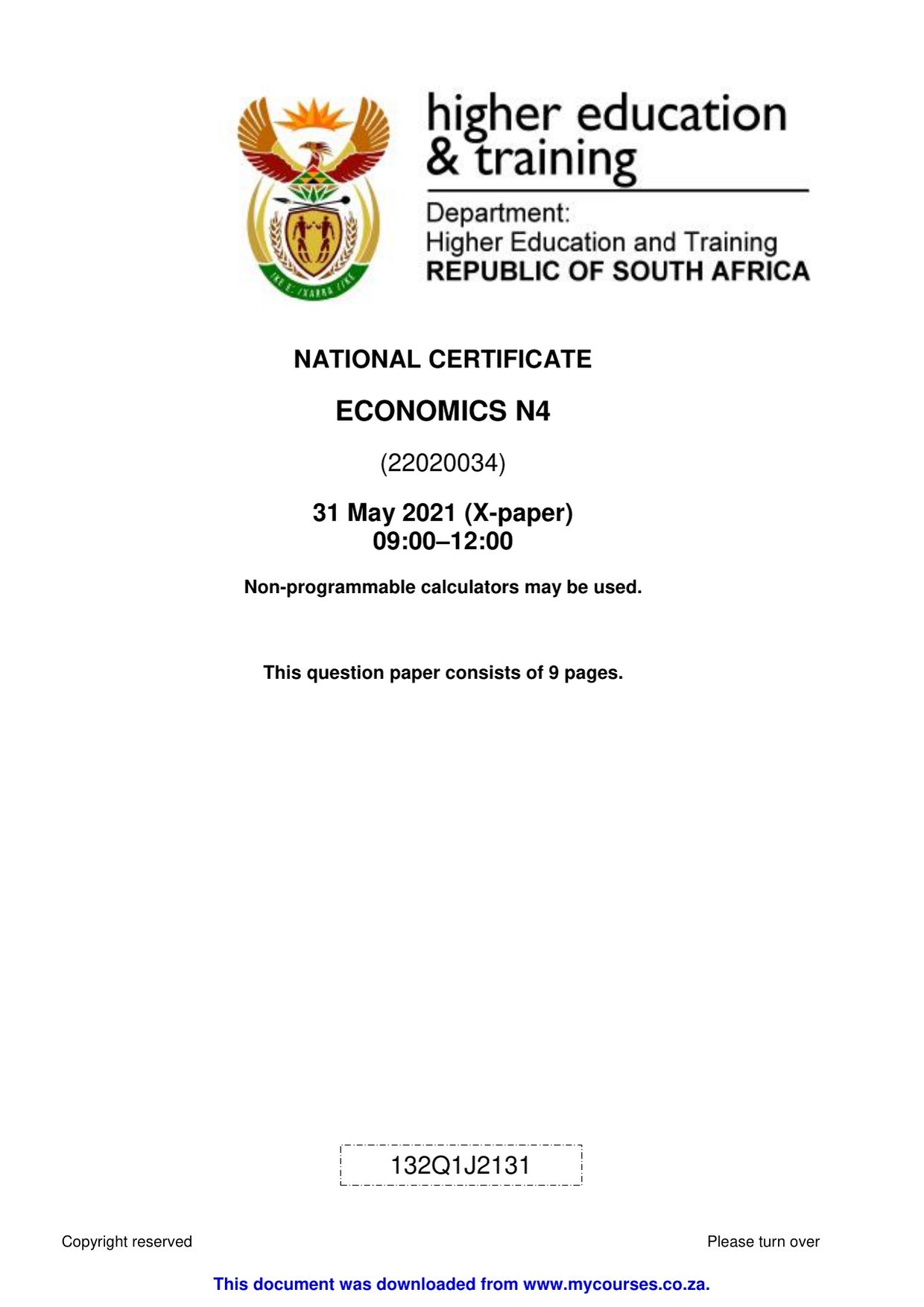 Economics N4 Past Papers and Memos for 2026 Students - front page of the free PDF, mycourses.co.za