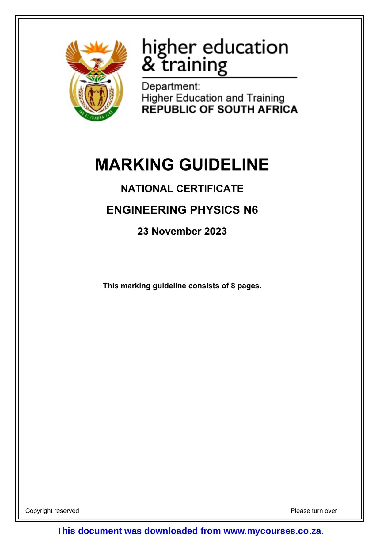 Engineering Physics N6 question Papers and Memos - front page of the free PDF, mycourses.co.za