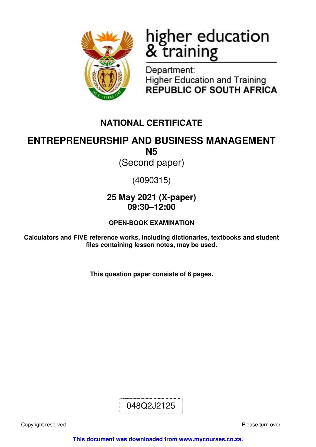 Entrepreneurship and Business Management N5 Past Exam Papers and Memos - front page of the free PDF, mycourses.co.za