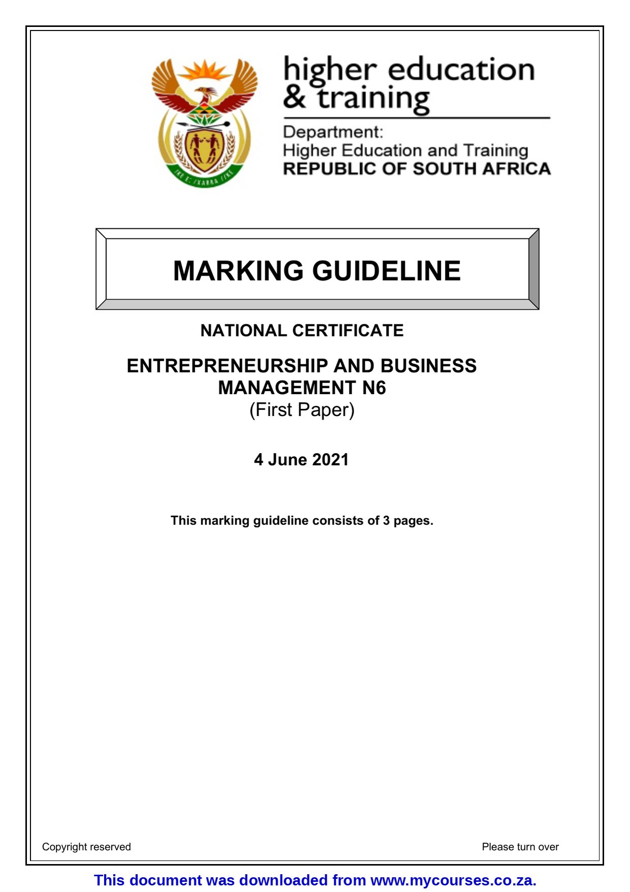 Entrepreneurship and Business Management N6 question Papers and Memos - front page of the free PDF, mycourses.co.za