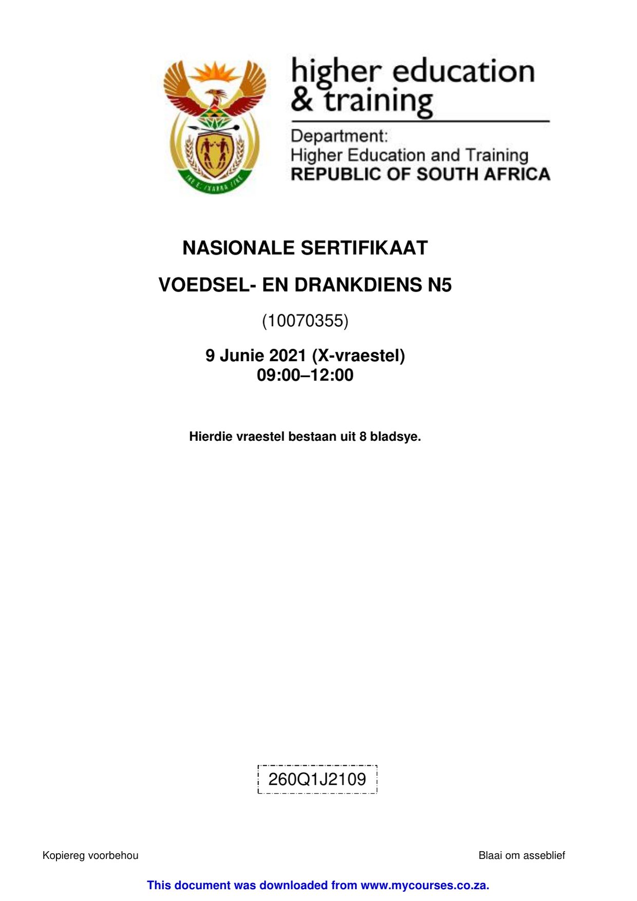 Food and Beverage Services N5 Past Exam Papers and Memos - front page of the free PDF, mycourses.co.za