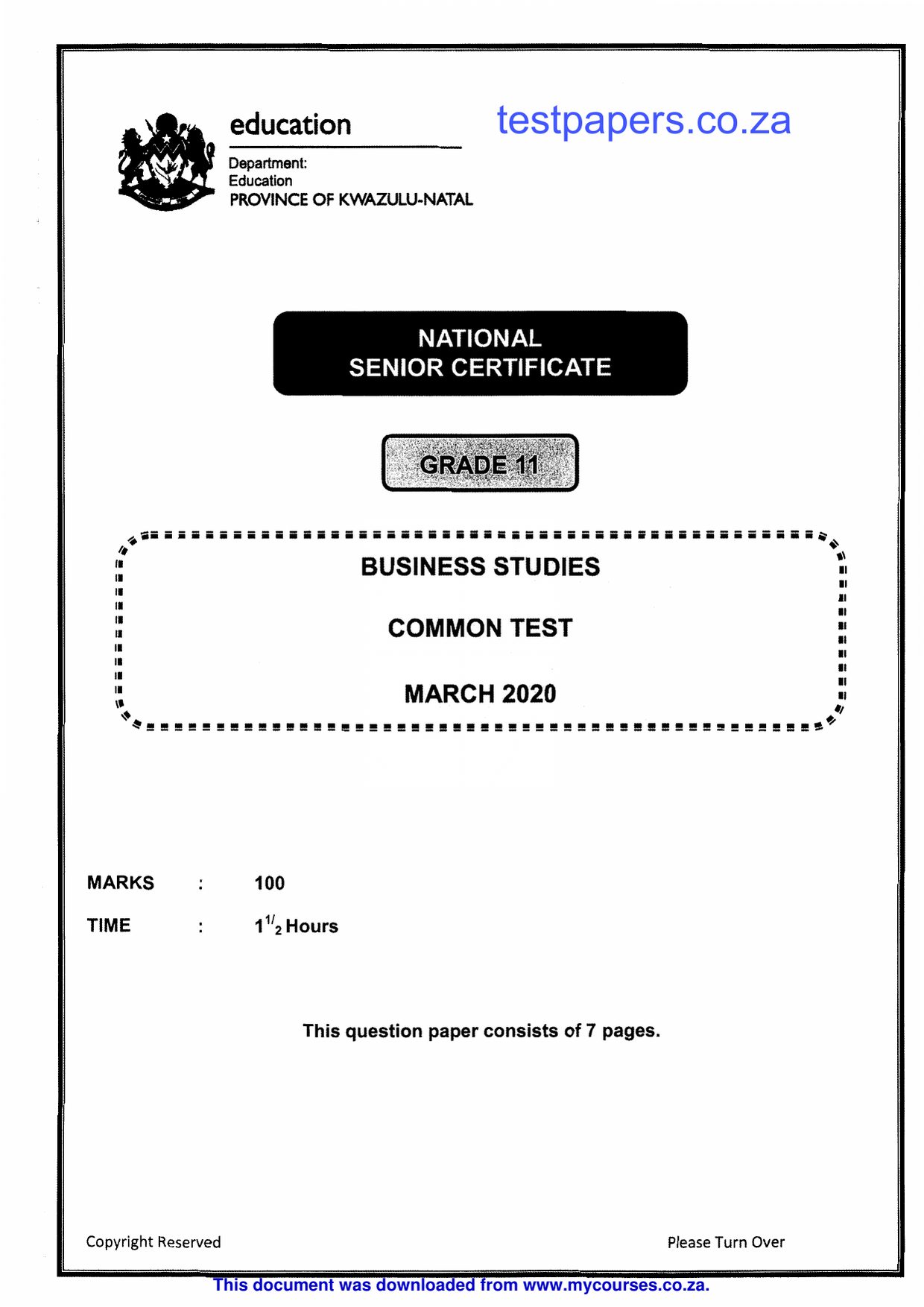 Grade 11 Business Studies Term 1 Control Test Database - front page of the free PDF, mycourses.co.za