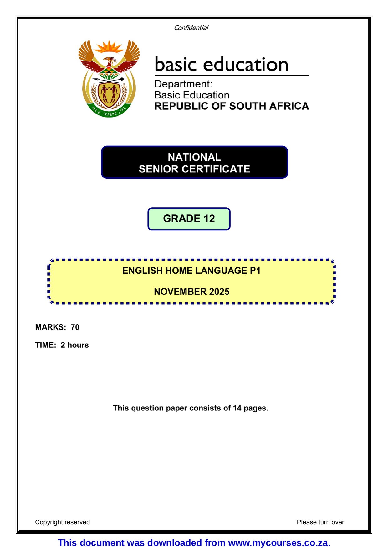 Grade 12 English HL P1 Nov 2025 Question Paper & Memo PDF 769506172 - front page of the free PDF, mycourses.co.za