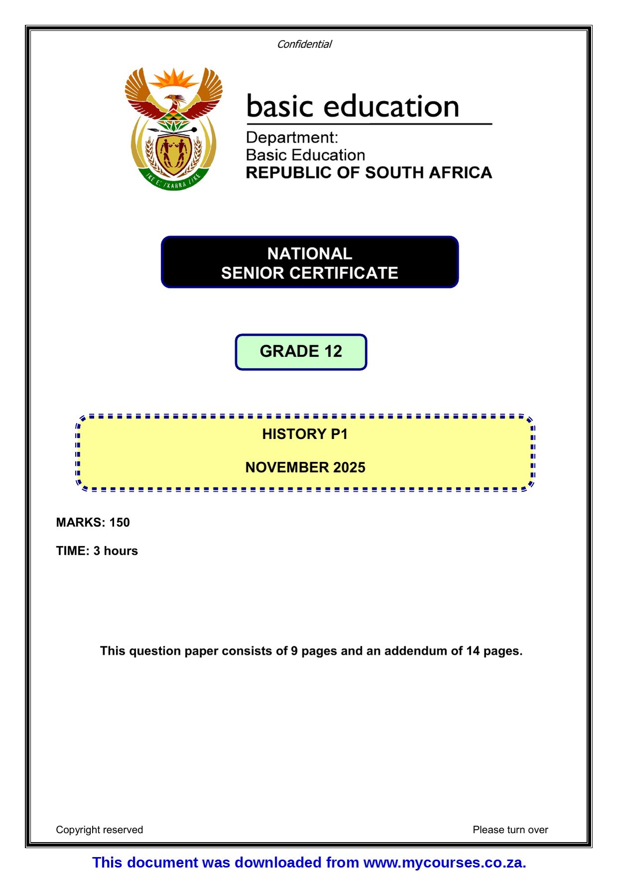 Grade 12 History P1 Nov 2025 Eng Question Paper & Memo PDF 660617283 - front page of the free PDF, mycourses.co.za