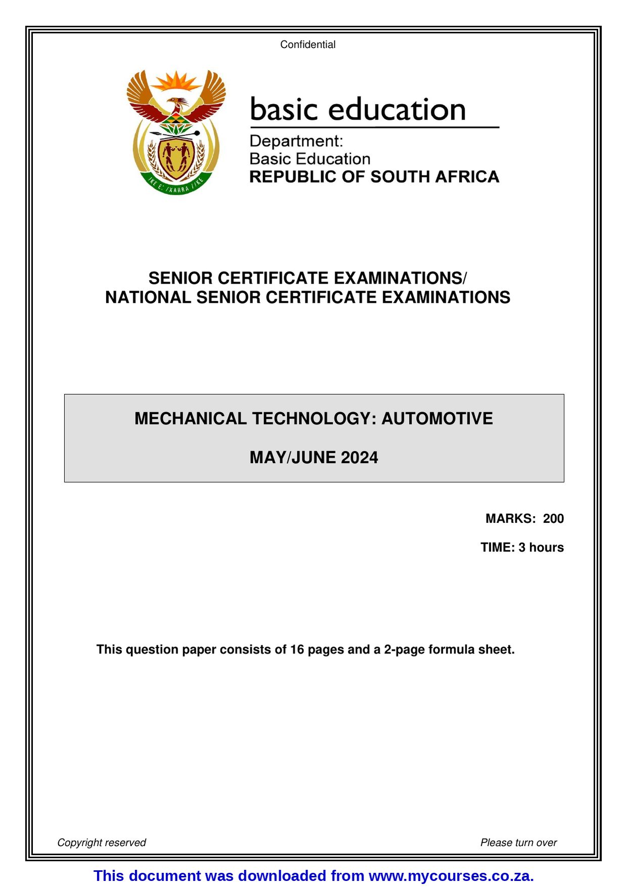 Grade 12 Mechanical Technology June past exam question papers and memos - front page of the free PDF, mycourses.co.za