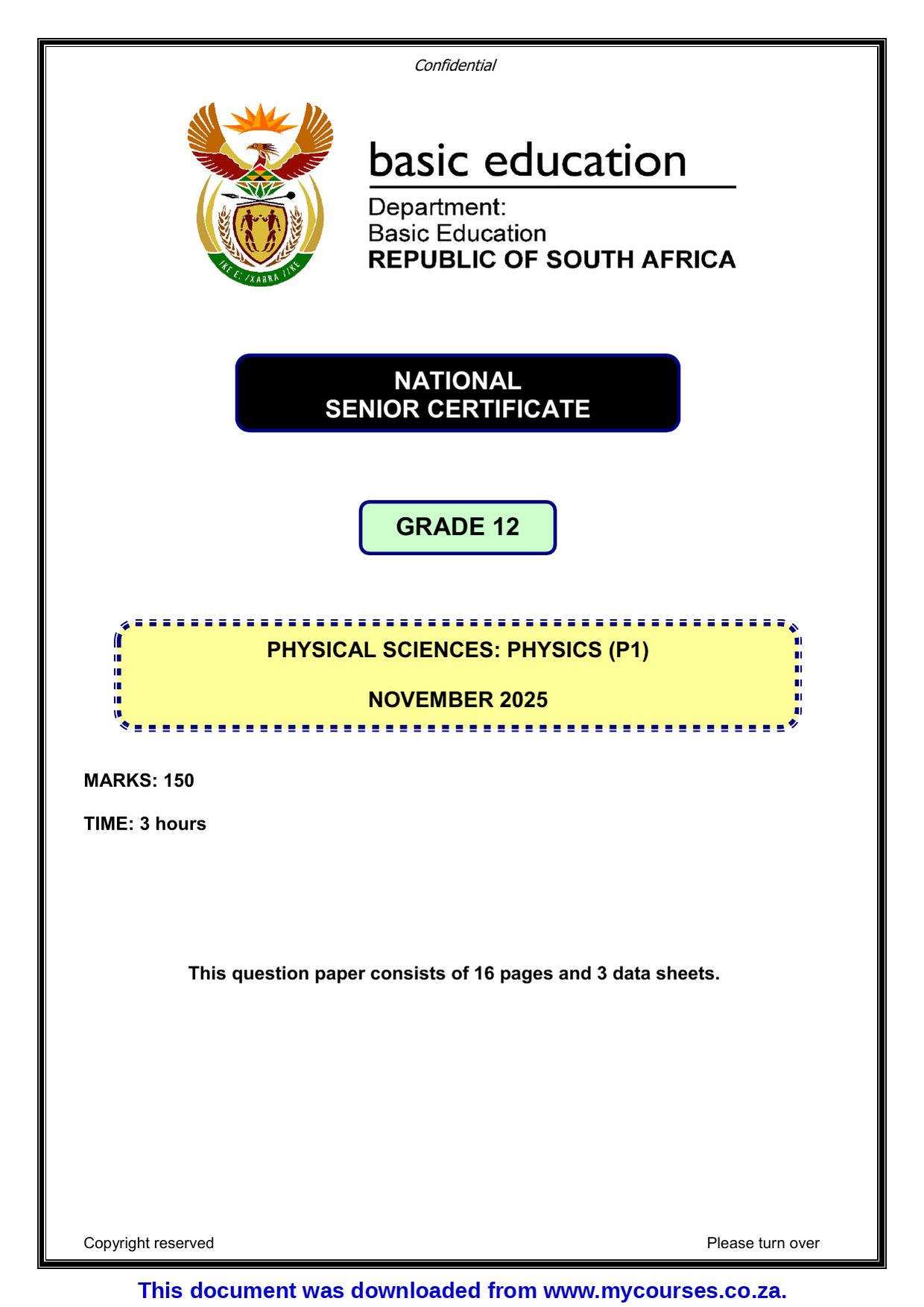 Grade 12 Physical Science P1 Nov 2025 Eng Question Paper & Memo PDF 659506172 - front page of the free PDF, mycourses.co.za