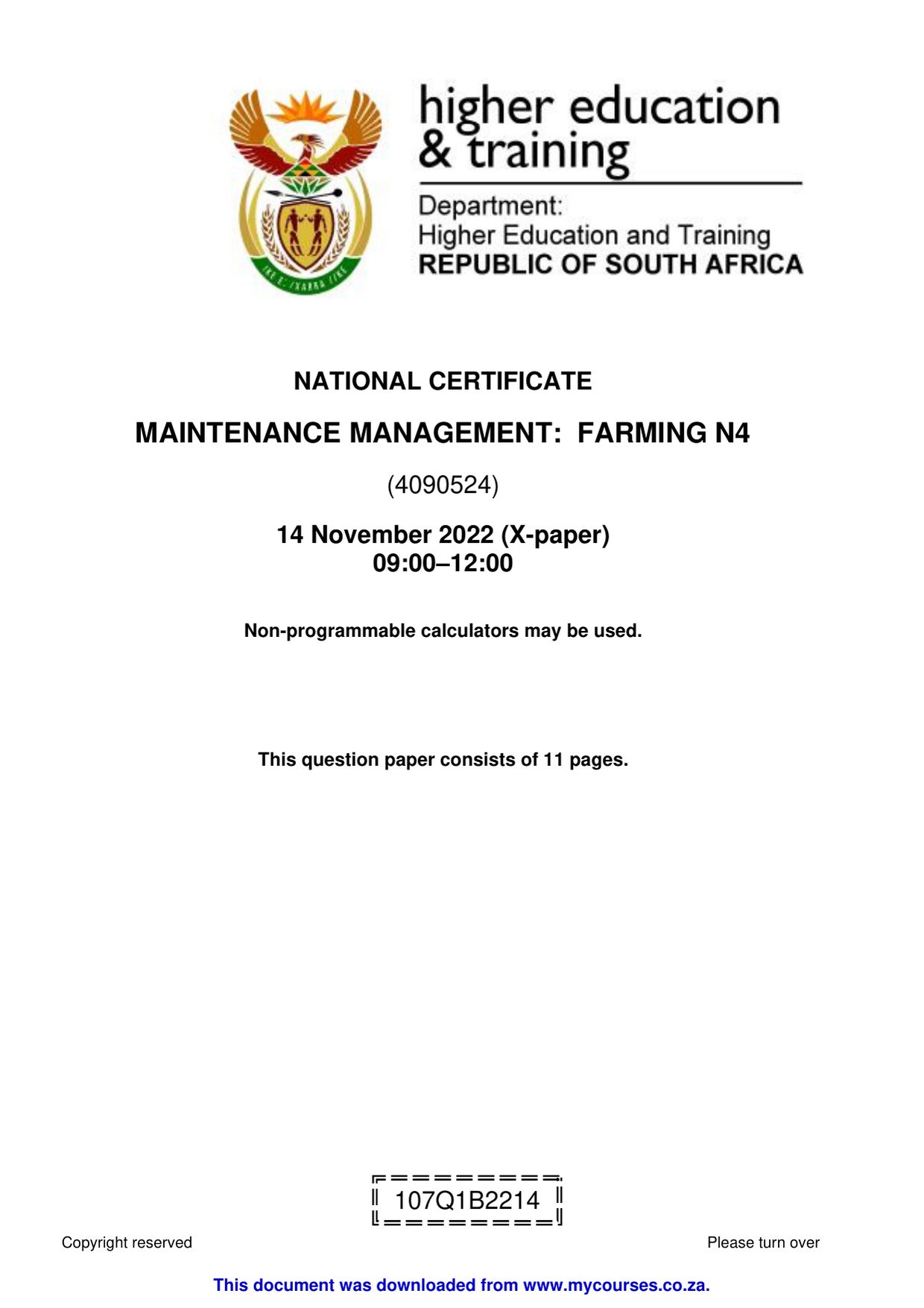 Maintenance Management: Farming N4 Past Papers and Memos for 2026 Students - front page of the free PDF, mycourses.co.za