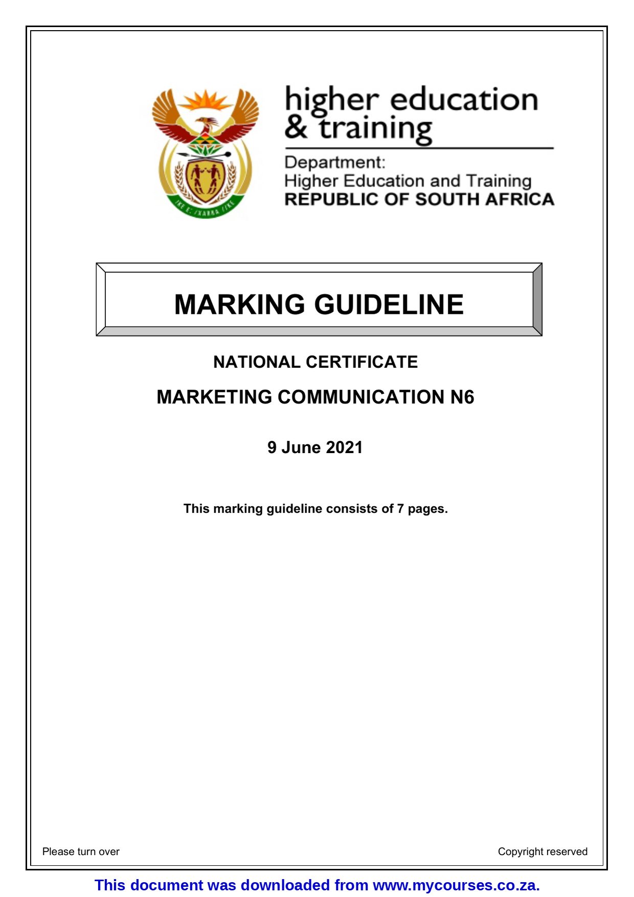 Marketing Communication N6 question Papers and Memos - front page of the free PDF, mycourses.co.za