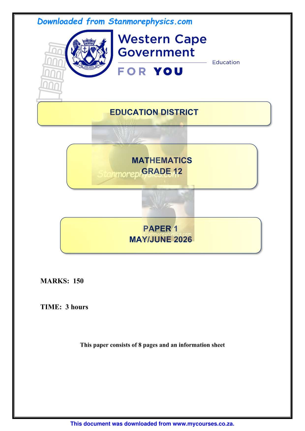 Mathematics Grade 12 Paper 1 Term 2 (2026) Exam PDF ZRV-213 - front page of the free PDF, mycourses.co.za