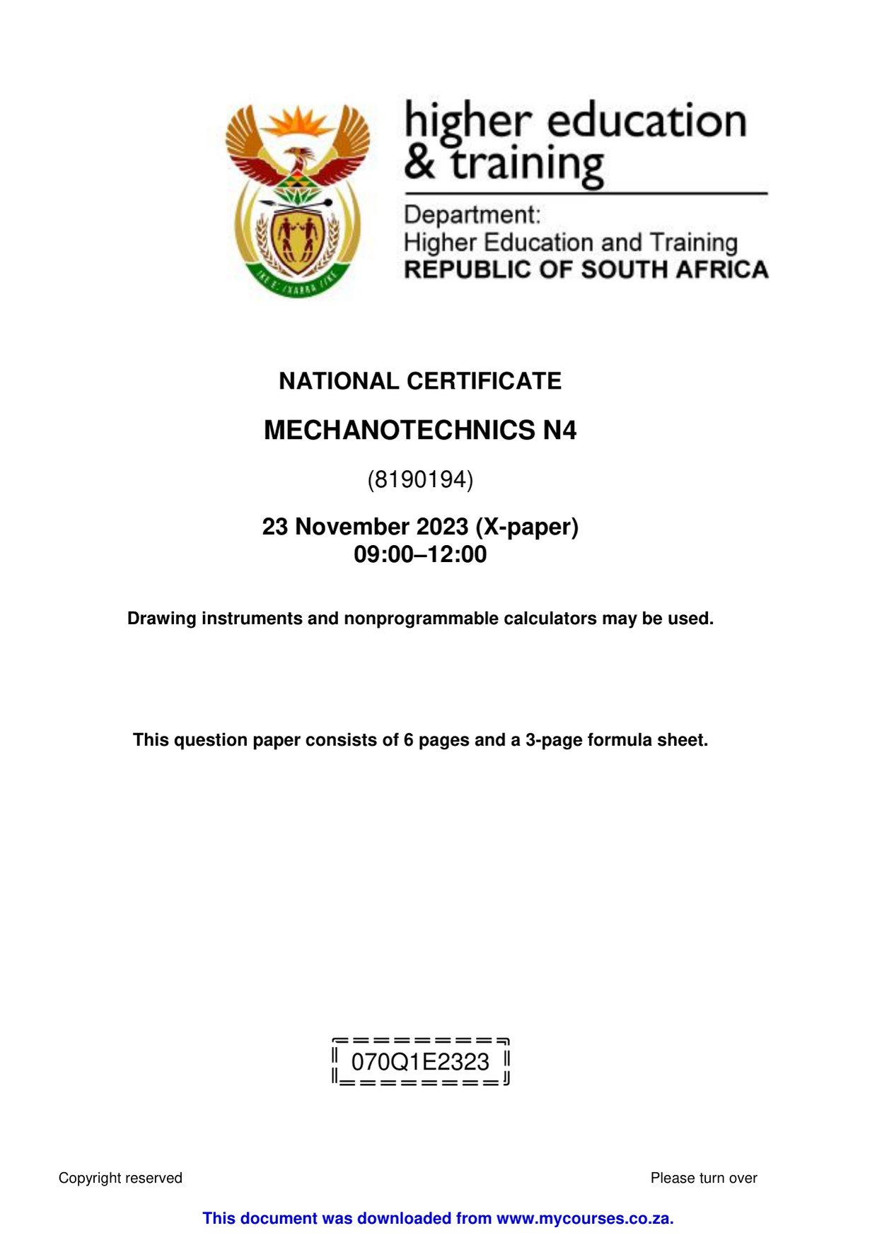 Mechanotechnics N4 Past Papers and Memos for 2026 Students - front page of the free PDF, mycourses.co.za