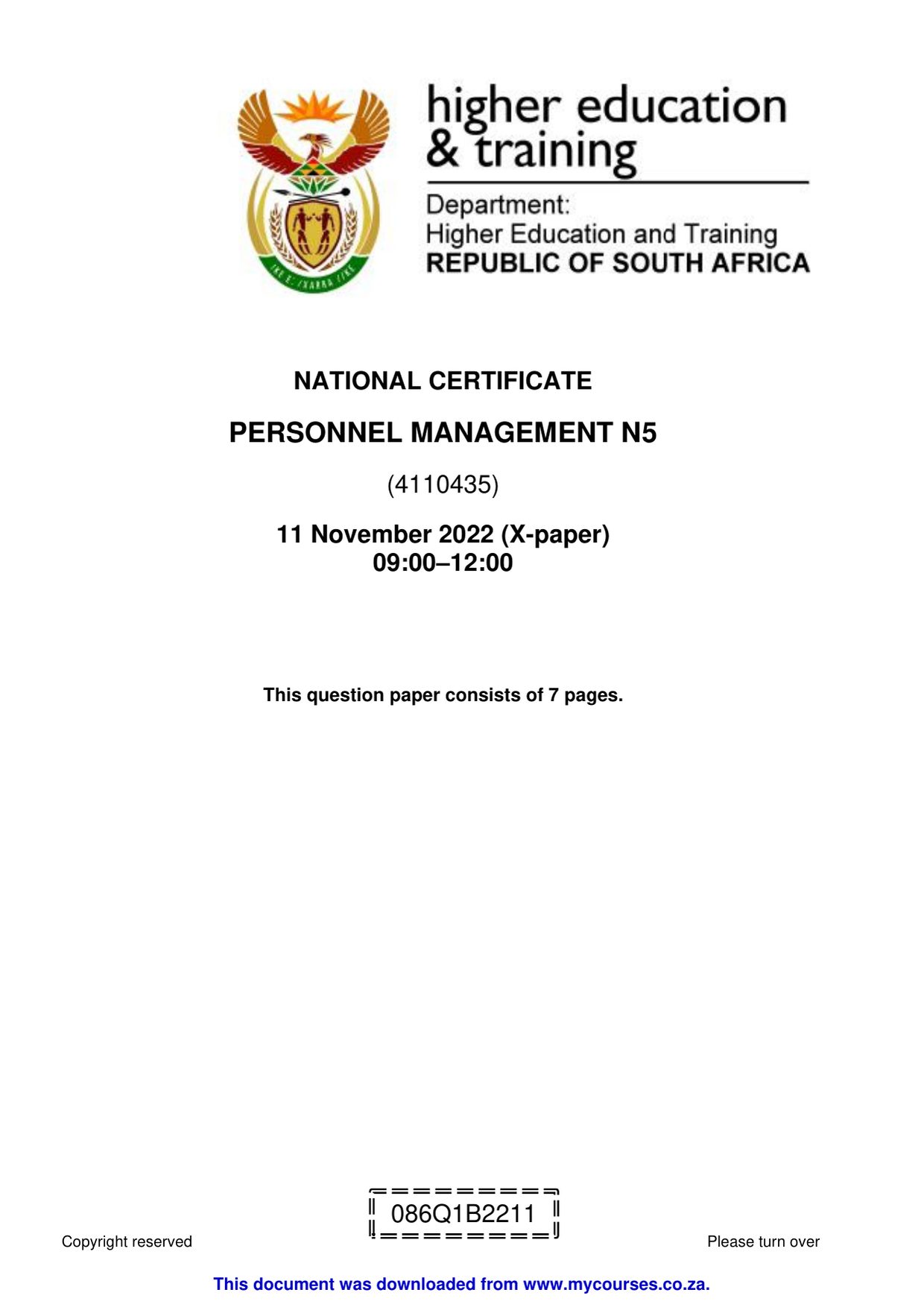 Personnel Management N5 Past Exam Papers and Memos - front page of the free PDF, mycourses.co.za
