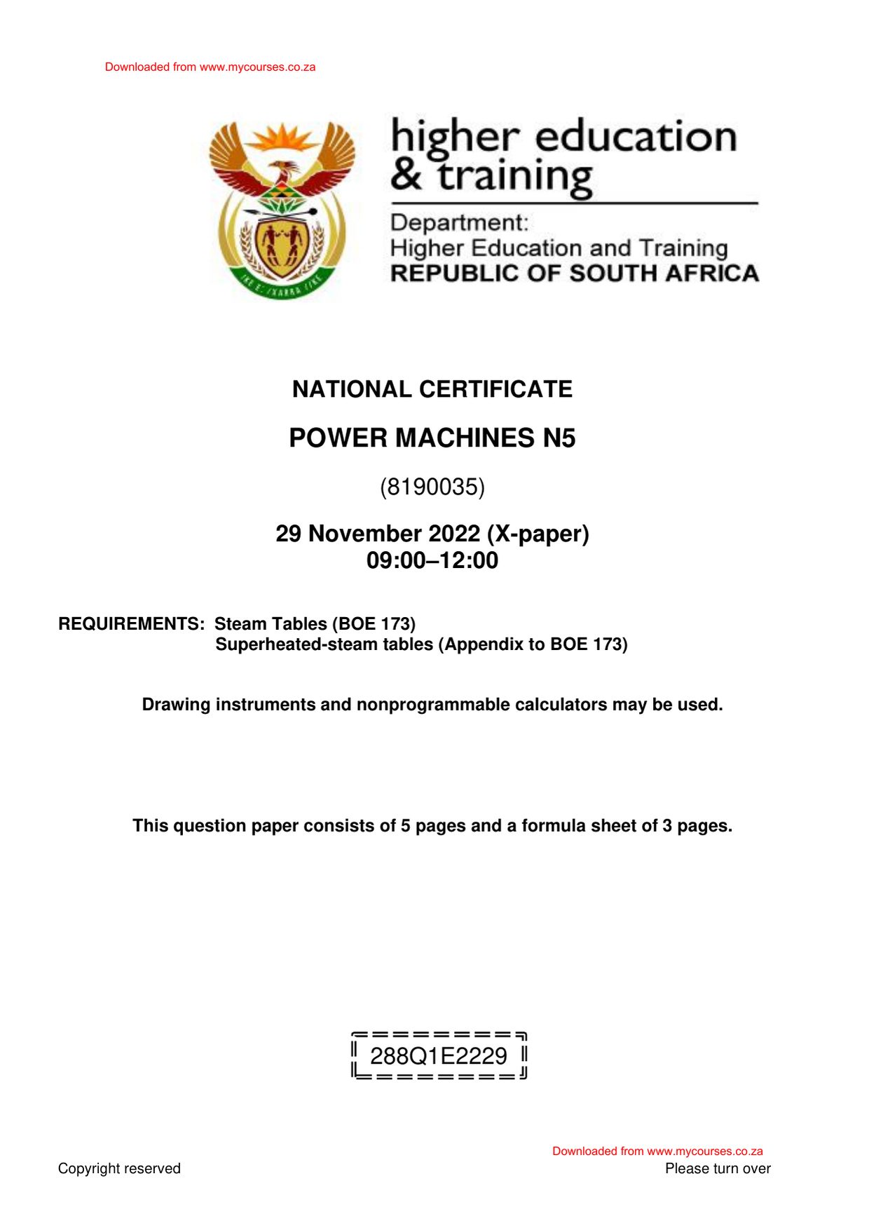 Power Machines N5 Past Exam Papers and Memos - front page of the free PDF, mycourses.co.za